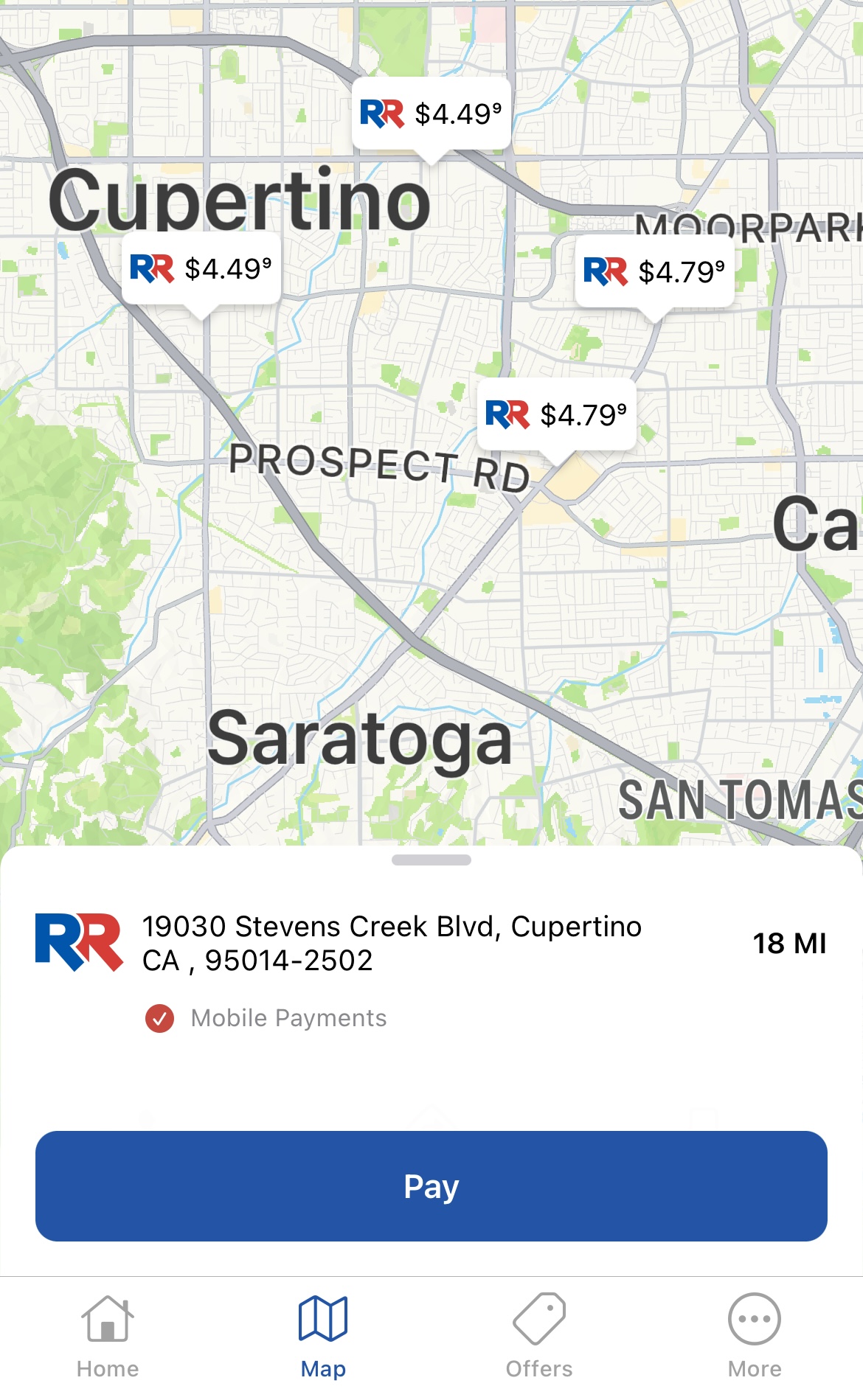 Image from the RR app of a map with three pins with unleaded fuel prices.