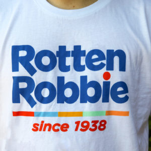 white t-shirt with Rotten Robbie in blue