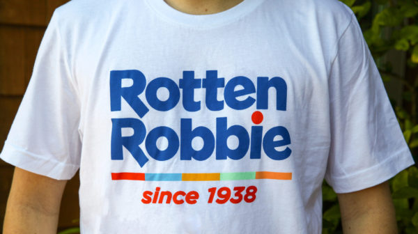 white t-shirt with Rotten Robbie in blue