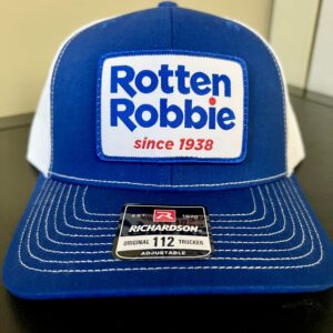Blue trucker hat with white patch, Rotten Robbie printed in blue, Since 1938 printed in red